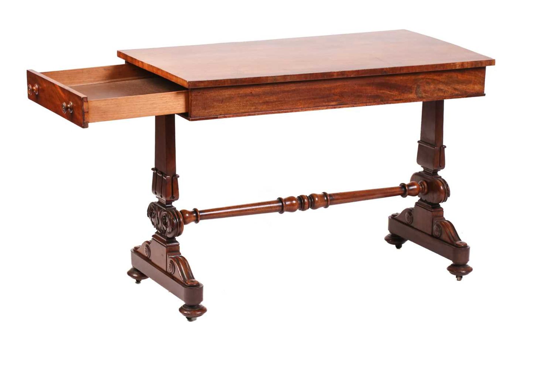 An early Victorian mahogany rectangular side table with unusually configured end frieze drawers on - Image 4 of 8