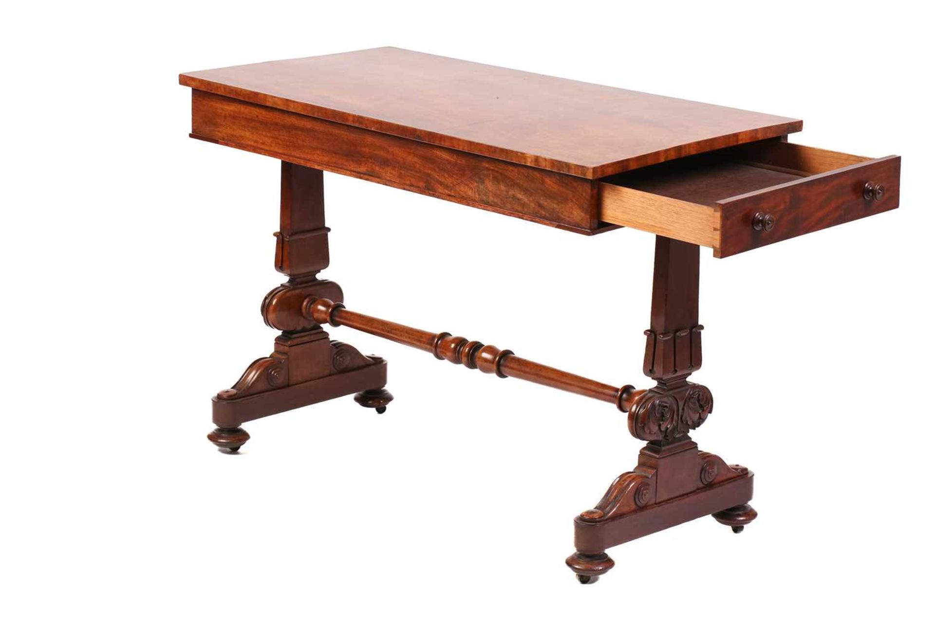 An early Victorian mahogany rectangular side table with unusually configured end frieze drawers on - Image 6 of 8
