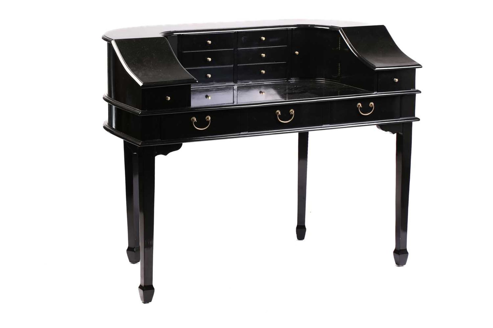 A black lacquered Carlton House-type writing desk, 20th century, fitted with a bank of short drawers - Image 4 of 14