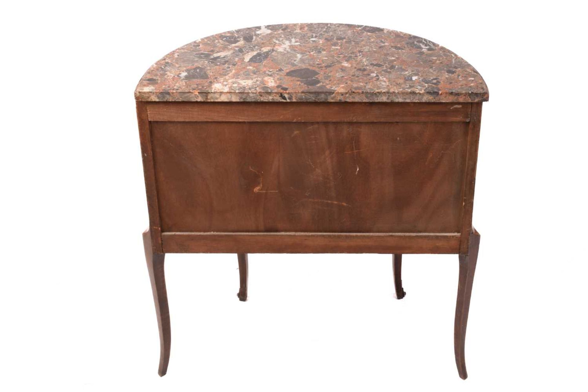 A Louis XV-style marble-topped tulipwood and mahogany demi lune petit commode, early 20th century, - Image 5 of 8