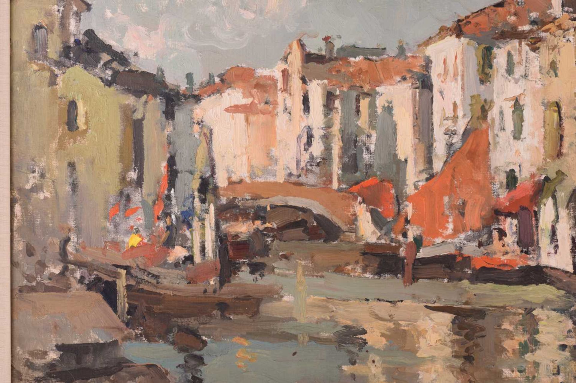 Late 20th century, Bridge over a canal at Comacchio, unsigned, Oil on board, inscribed 'Commachio II - Image 5 of 7