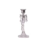 A Baccarat crystal glass candlestick, with frosted glass figural column, lustre drops, on a