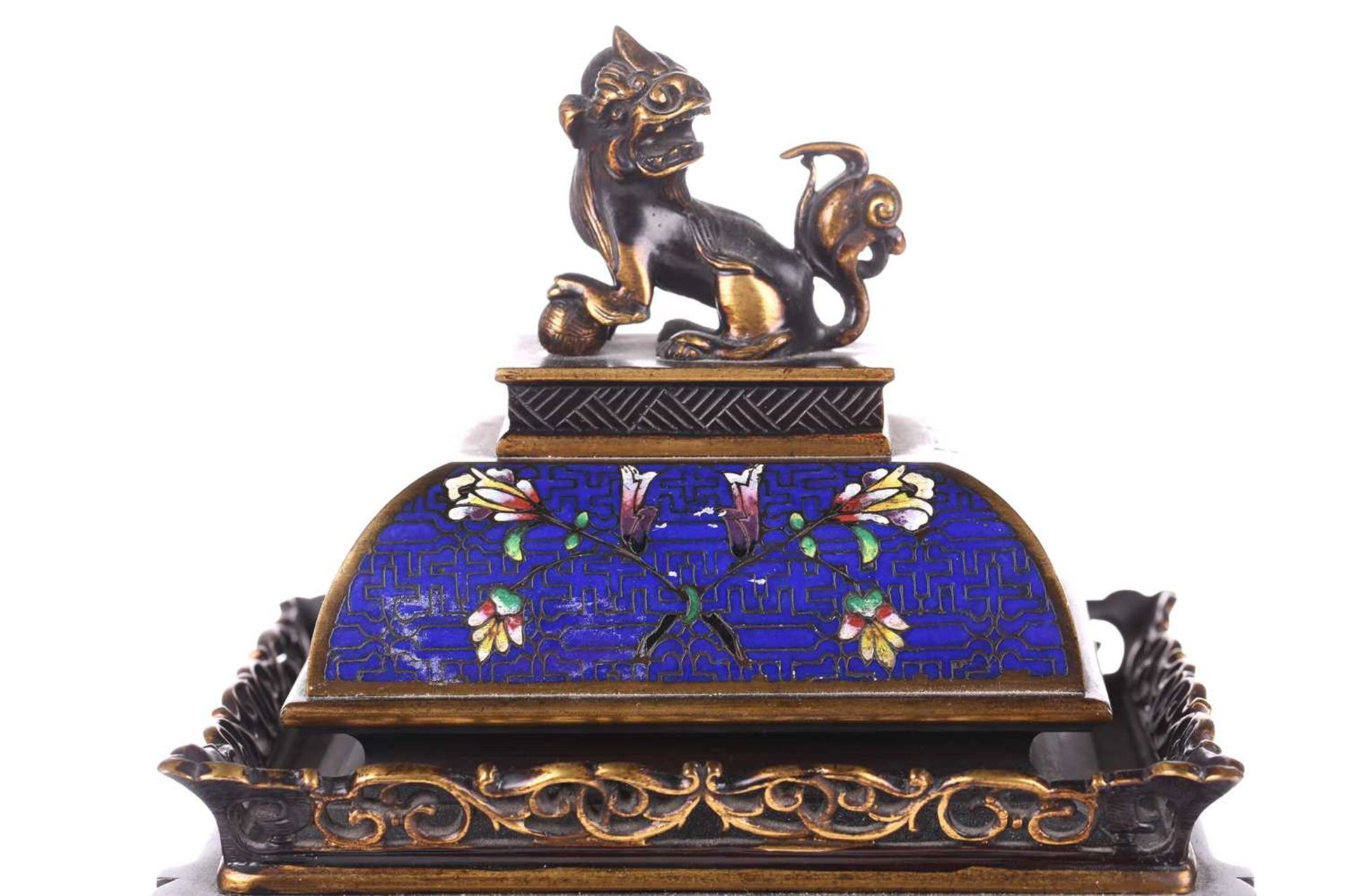 A Japy Freres 8-day cloisonne cased mantle clock of pagoda form with lion dog finial and peony - Image 6 of 25