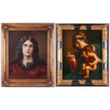 20th century Italian School, Bust length portrait of a lady with dark hair and red robe, unsigned,