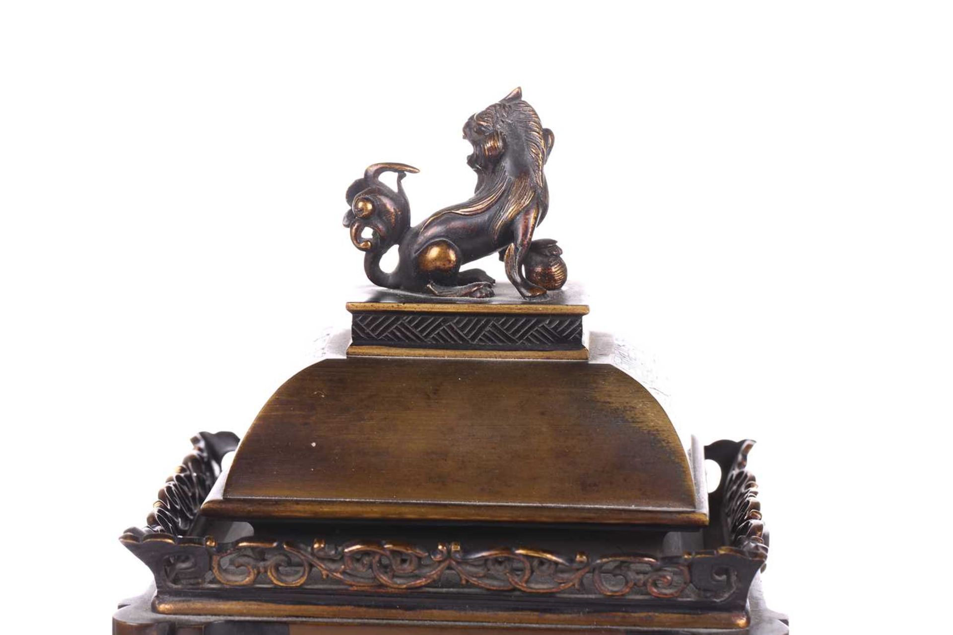 A Japy Freres 8-day cloisonne cased mantle clock of pagoda form with lion dog finial and peony - Image 13 of 25