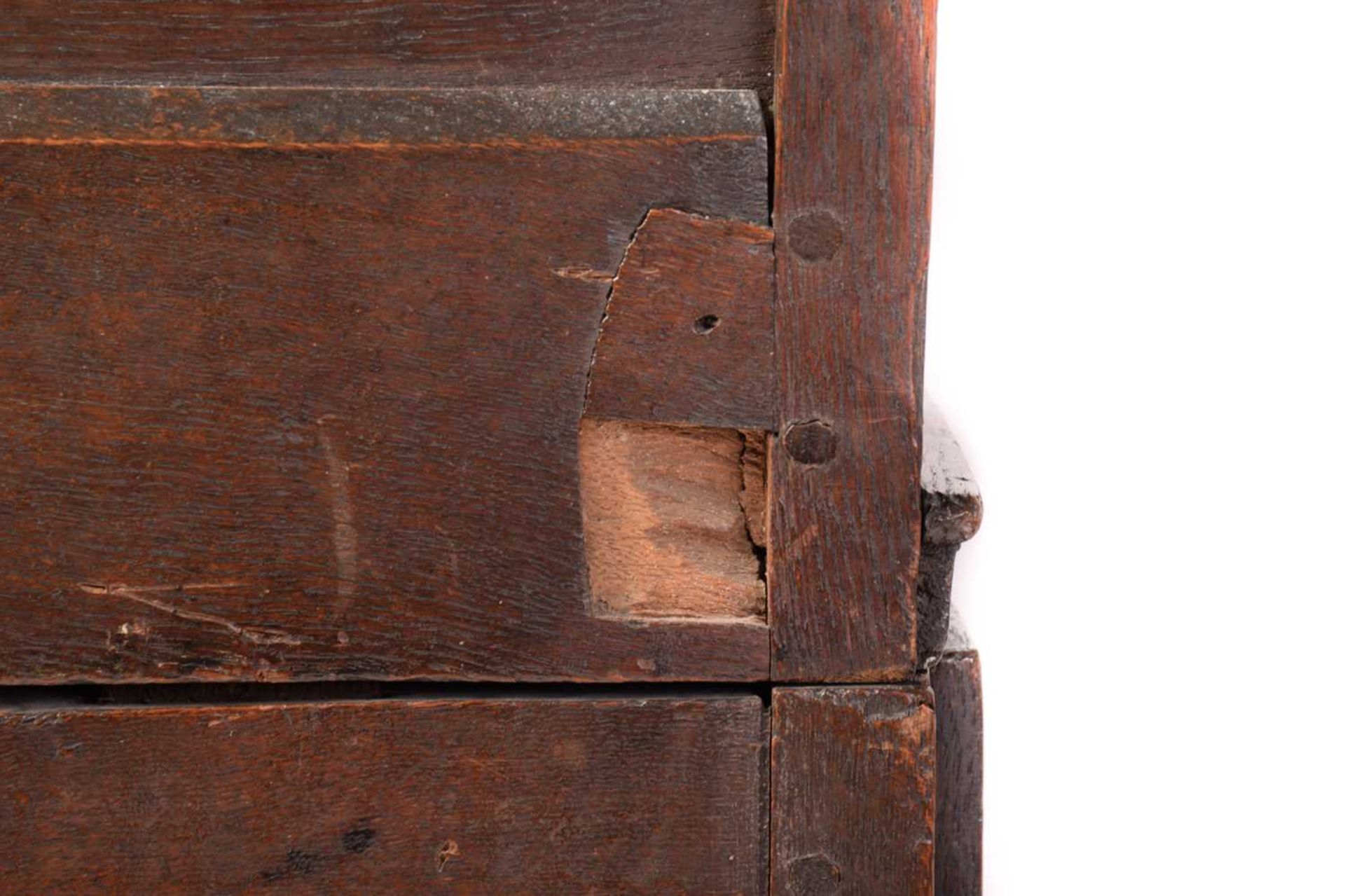 A Charles II oak two-section chest of four drawers with simple moulded drawer fronts and panel - Image 4 of 8