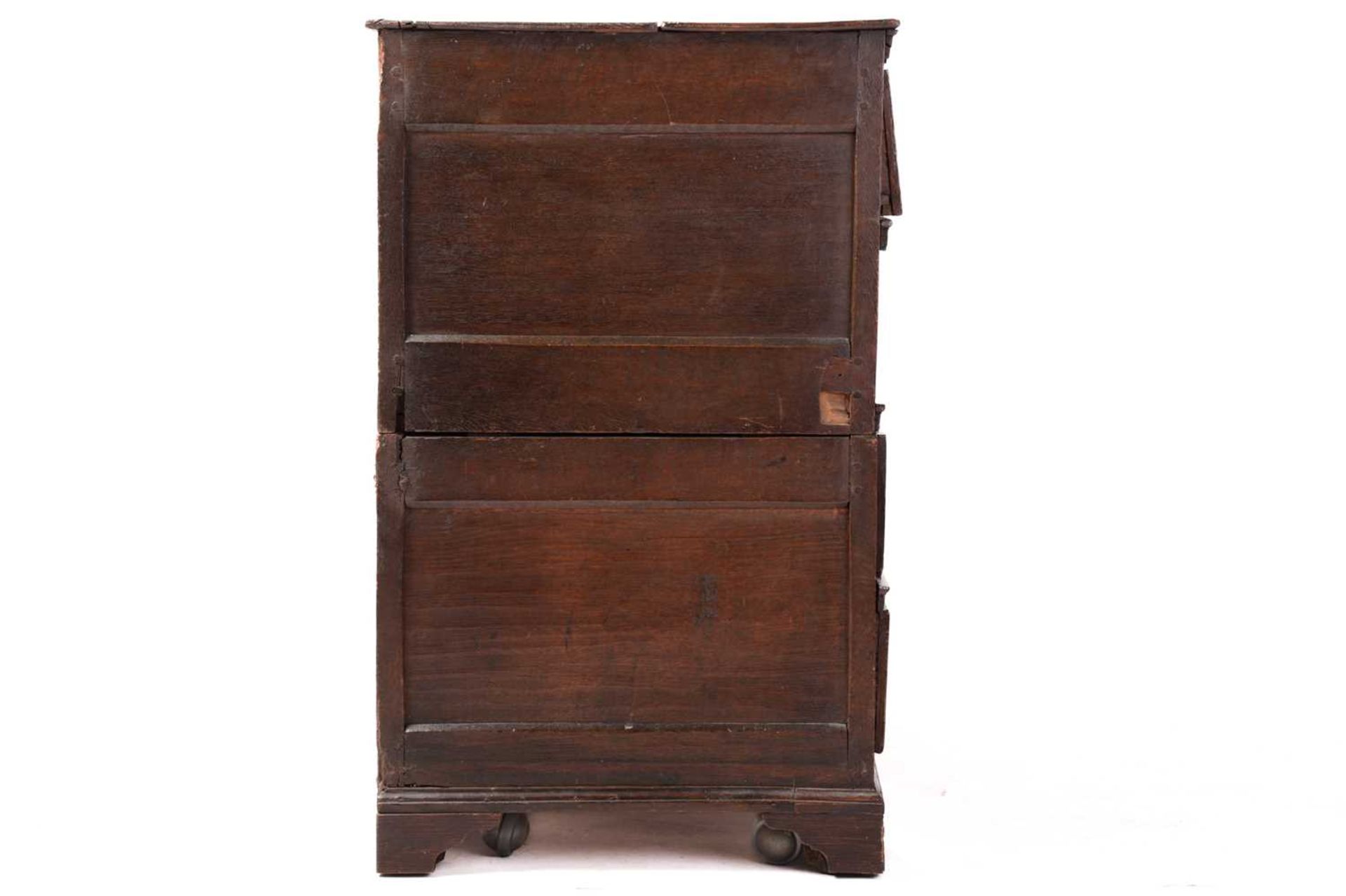 A Charles II oak two-section chest of four drawers with simple moulded drawer fronts and panel - Image 2 of 8