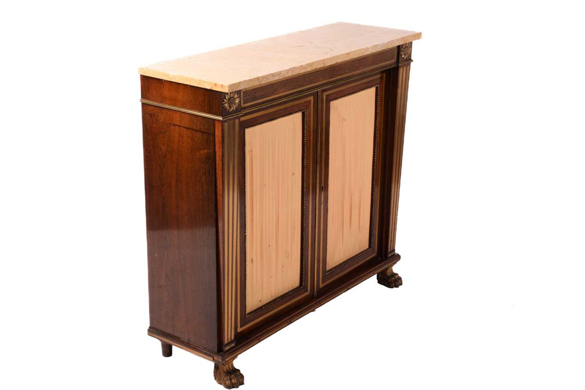 A Regency brass inlaid rosewood chiffonier in the manner of John Maclean, with sienna marble top, - Image 4 of 8
