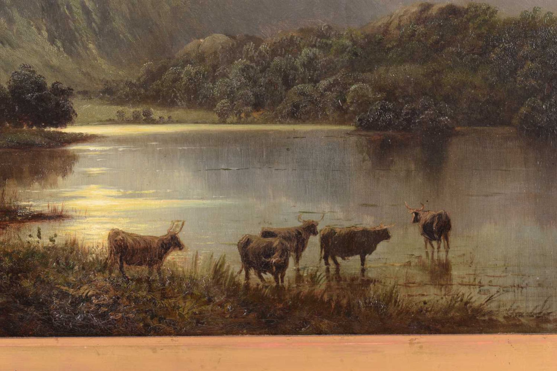 J O Hume (19th century), Highland cattle by a loch in a moonlit landscape, inscribed verso 'Ben - Image 7 of 13