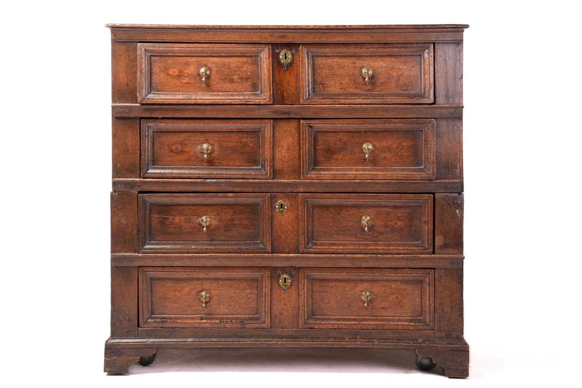 A Charles II oak two-section chest of four drawers with simple moulded drawer fronts and panel - Image 7 of 8