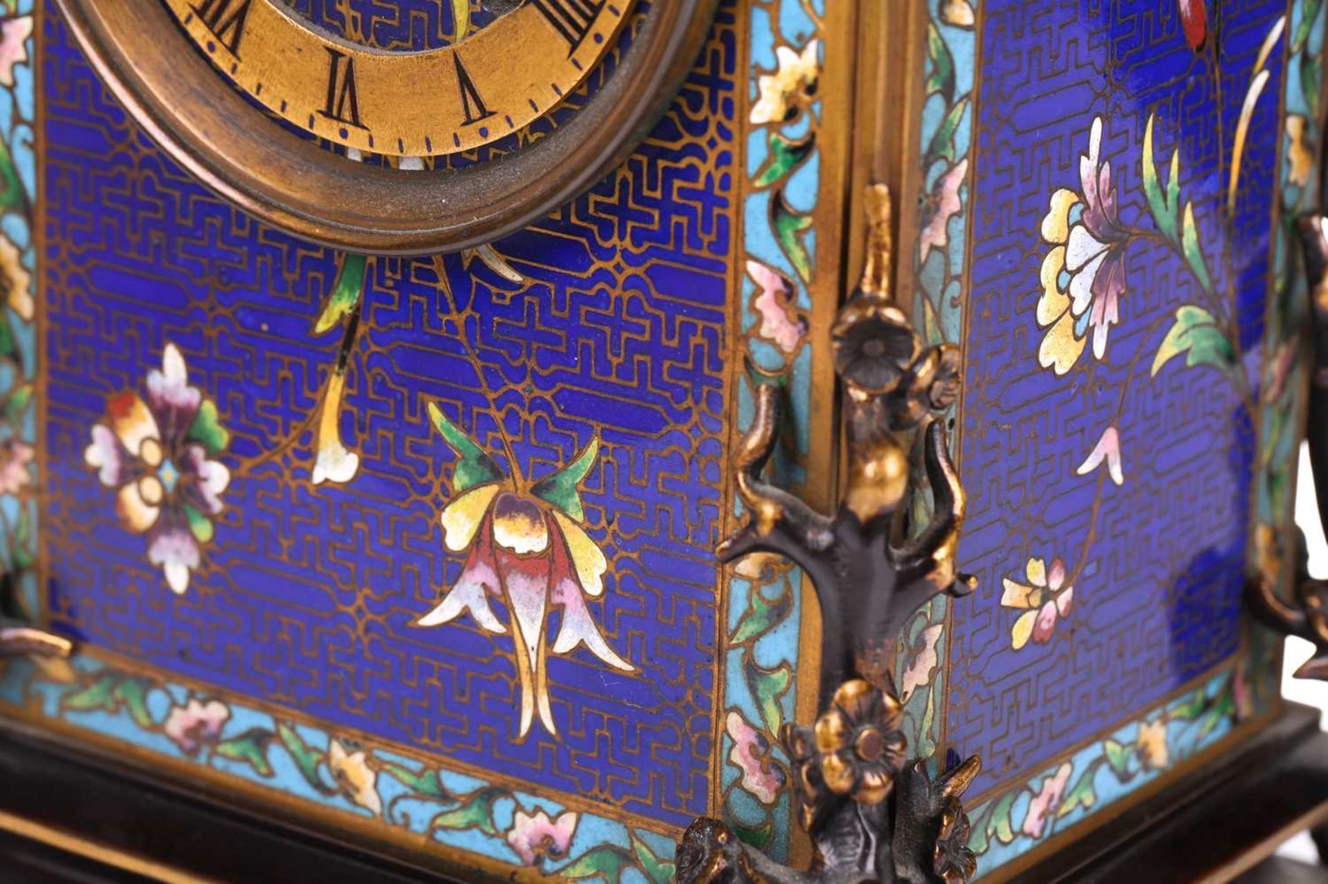 A Japy Freres 8-day cloisonne cased mantle clock of pagoda form with lion dog finial and peony - Image 19 of 25