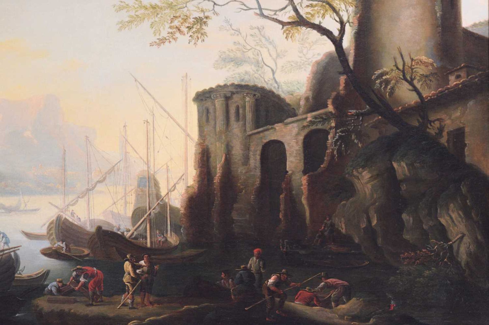 Follower of Joseph Vernet (1714 - 1789) French, Mediterranean harbour scene with ruins, unsigned, - Image 7 of 15