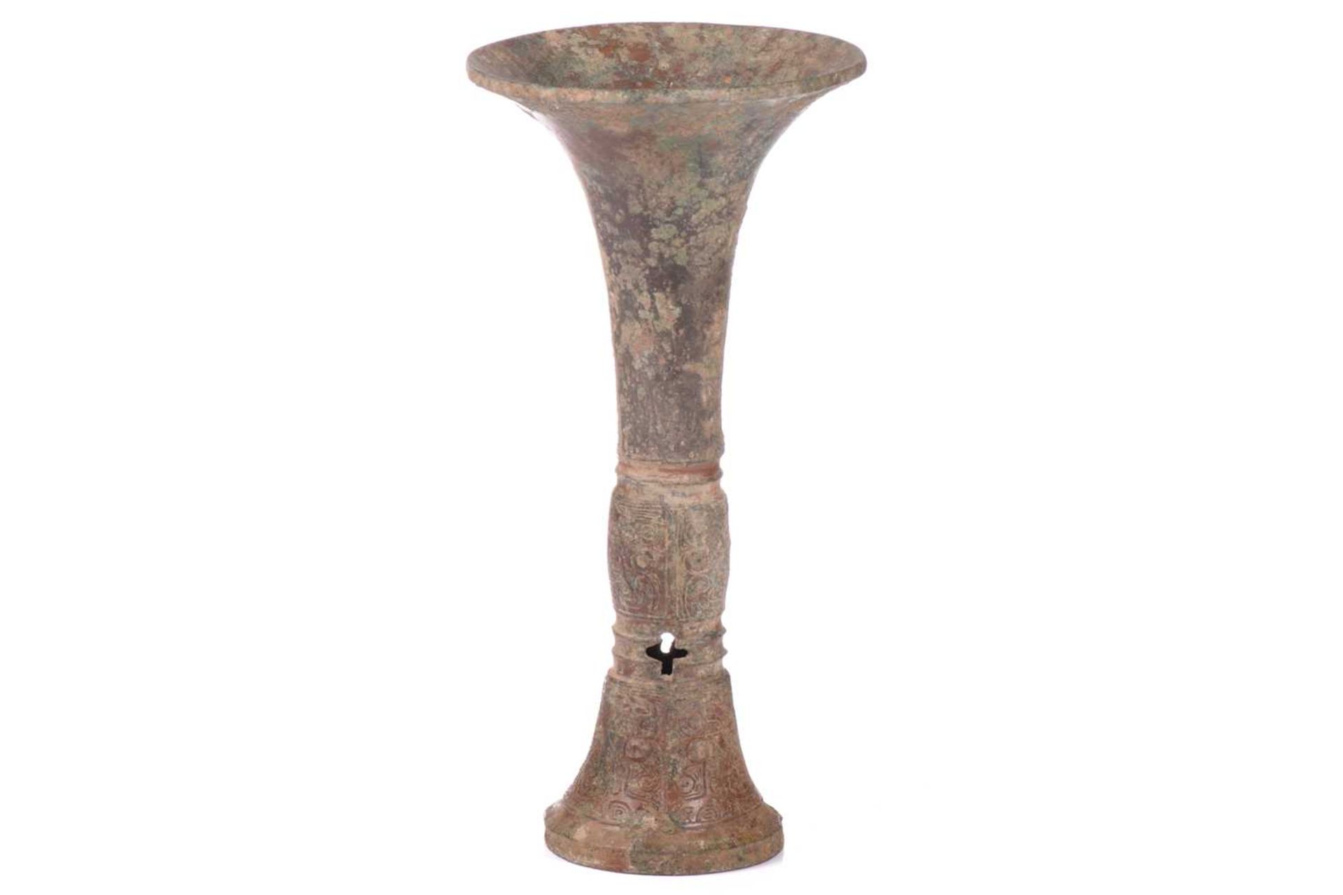 A Chinese Shang style bronze Gu vase, possibly Ming dynasty, with trumpet shape mouth, the lower - Image 4 of 10