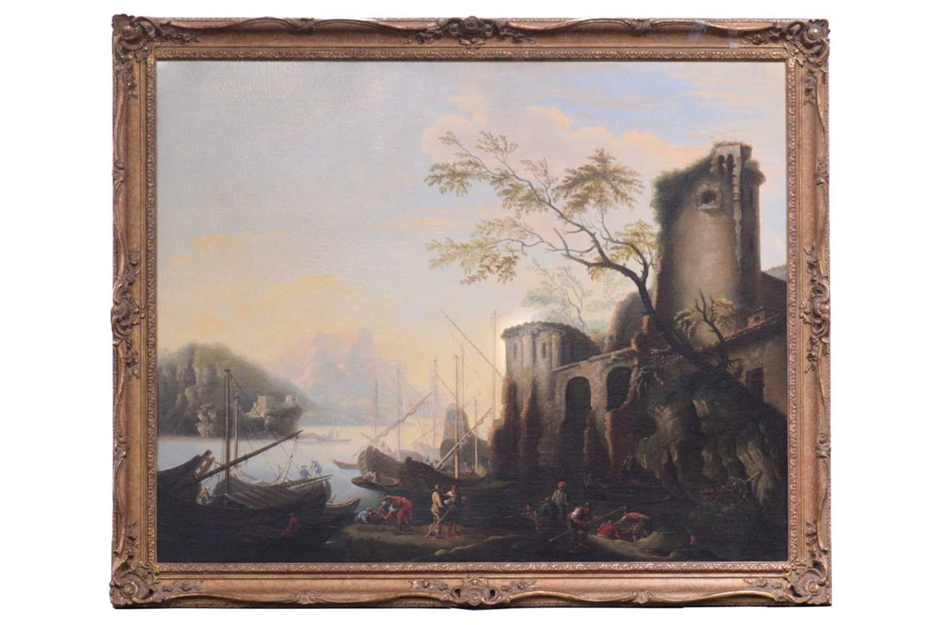 Follower of Joseph Vernet (1714 - 1789) French, Mediterranean harbour scene with ruins, unsigned,