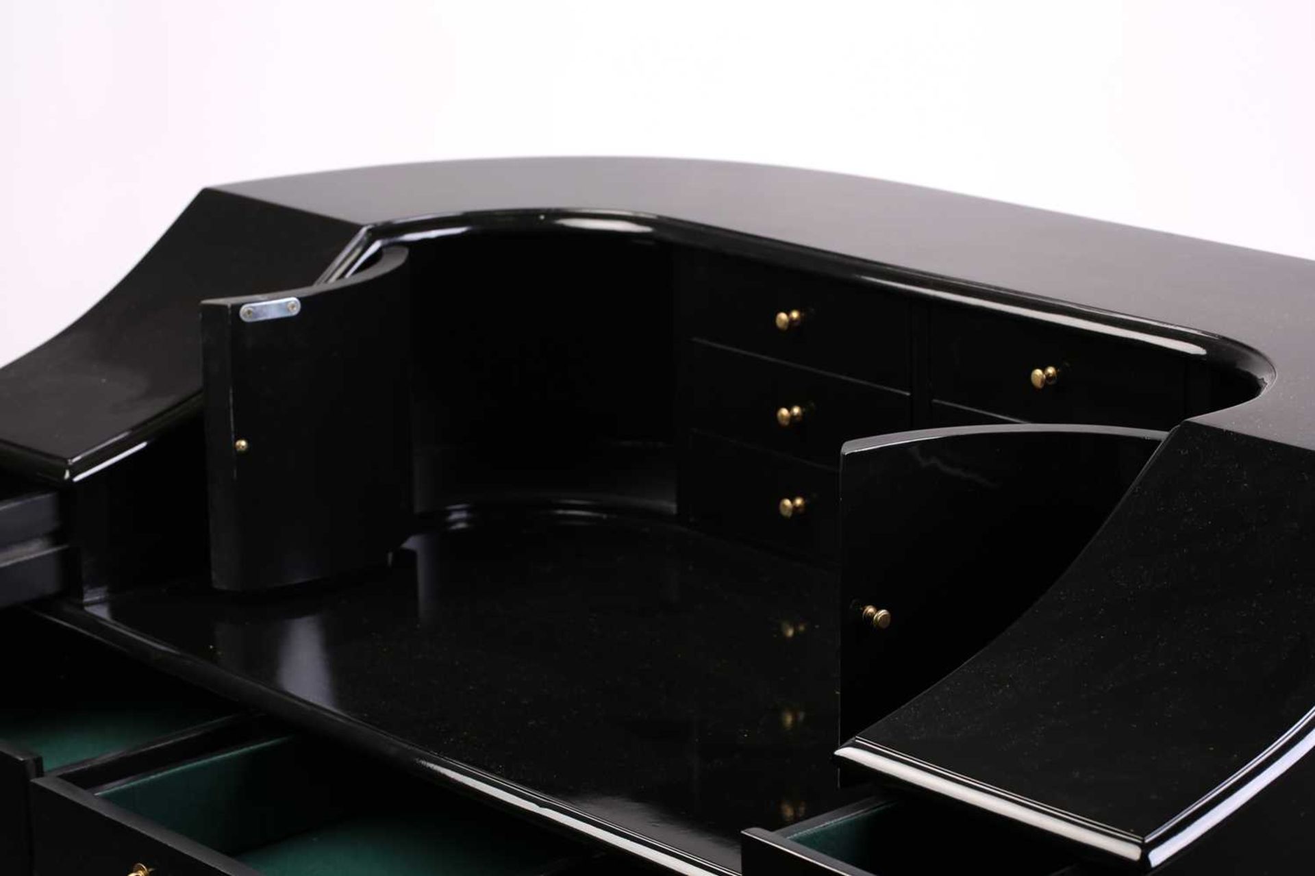 A black lacquered Carlton House-type writing desk, 20th century, fitted with a bank of short drawers - Image 13 of 14