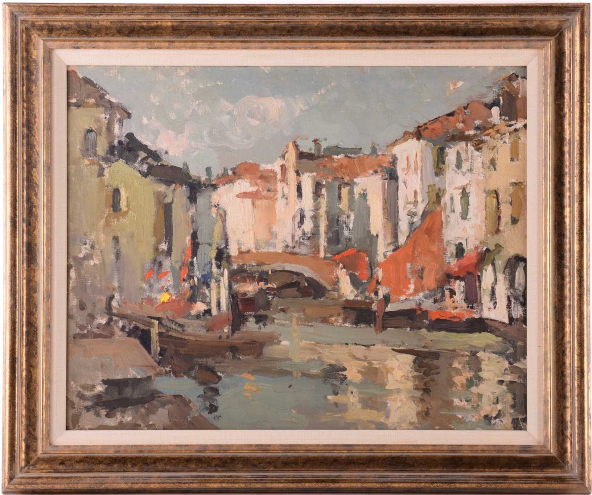 Late 20th century, Bridge over a canal at Comacchio, unsigned, Oil on board, inscribed 'Commachio II - Image 2 of 7