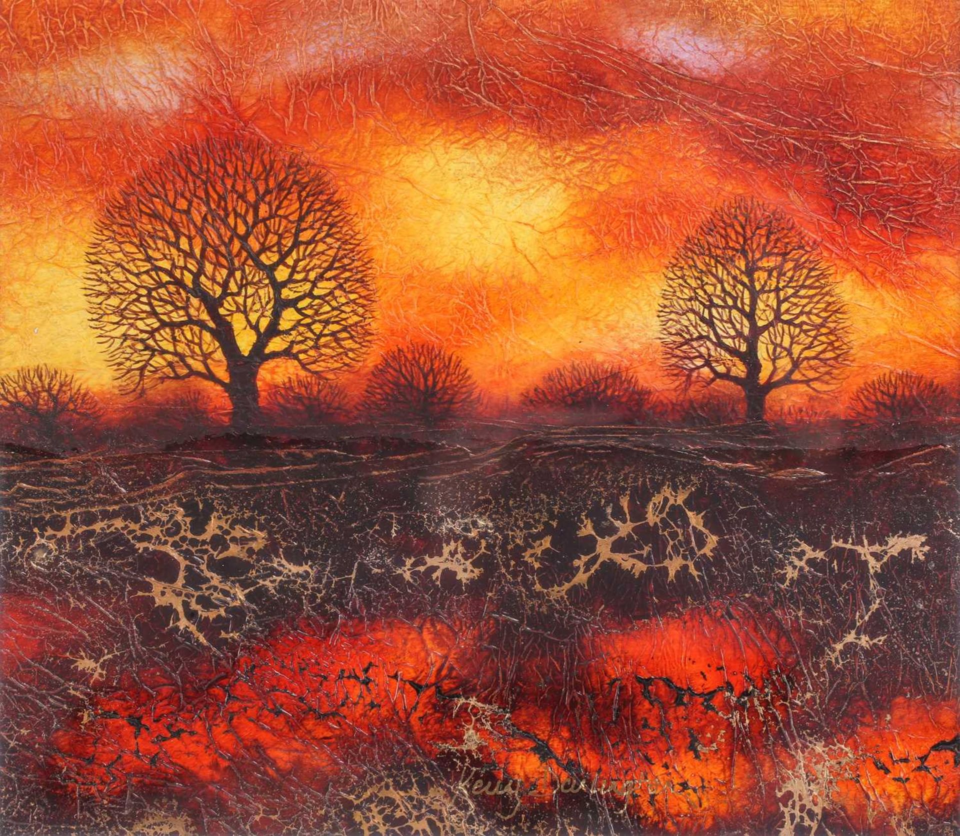 Kerry Darlington (b.1974), trees in an autumnal landscape, mixed media and resin on board, signed to - Image 9 of 10