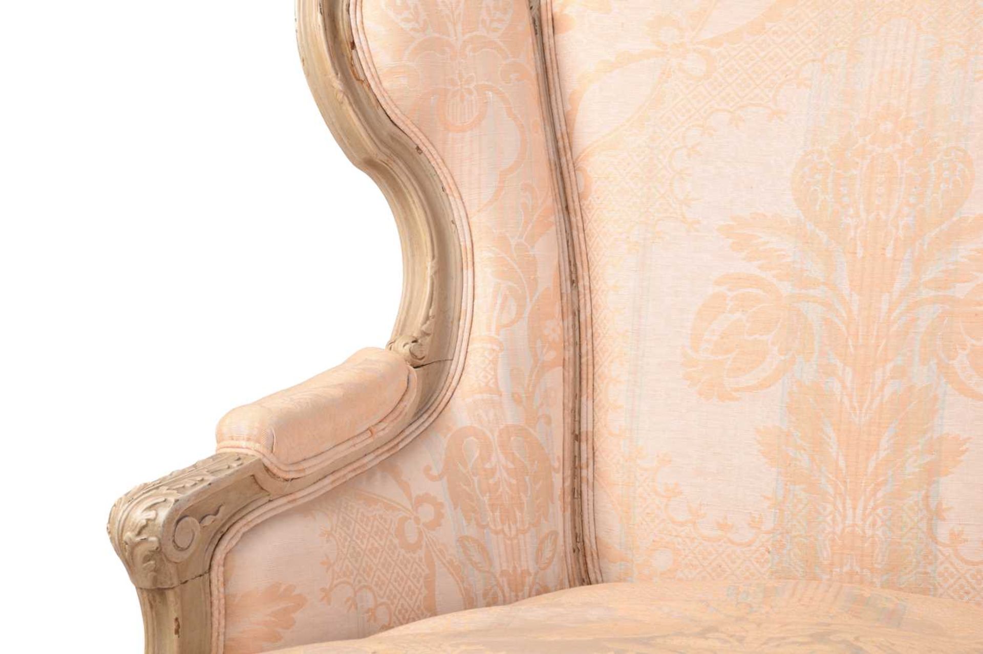 A French Louis XV-style dove grey painted bergere armchair with wing back and carved shell - Image 3 of 8