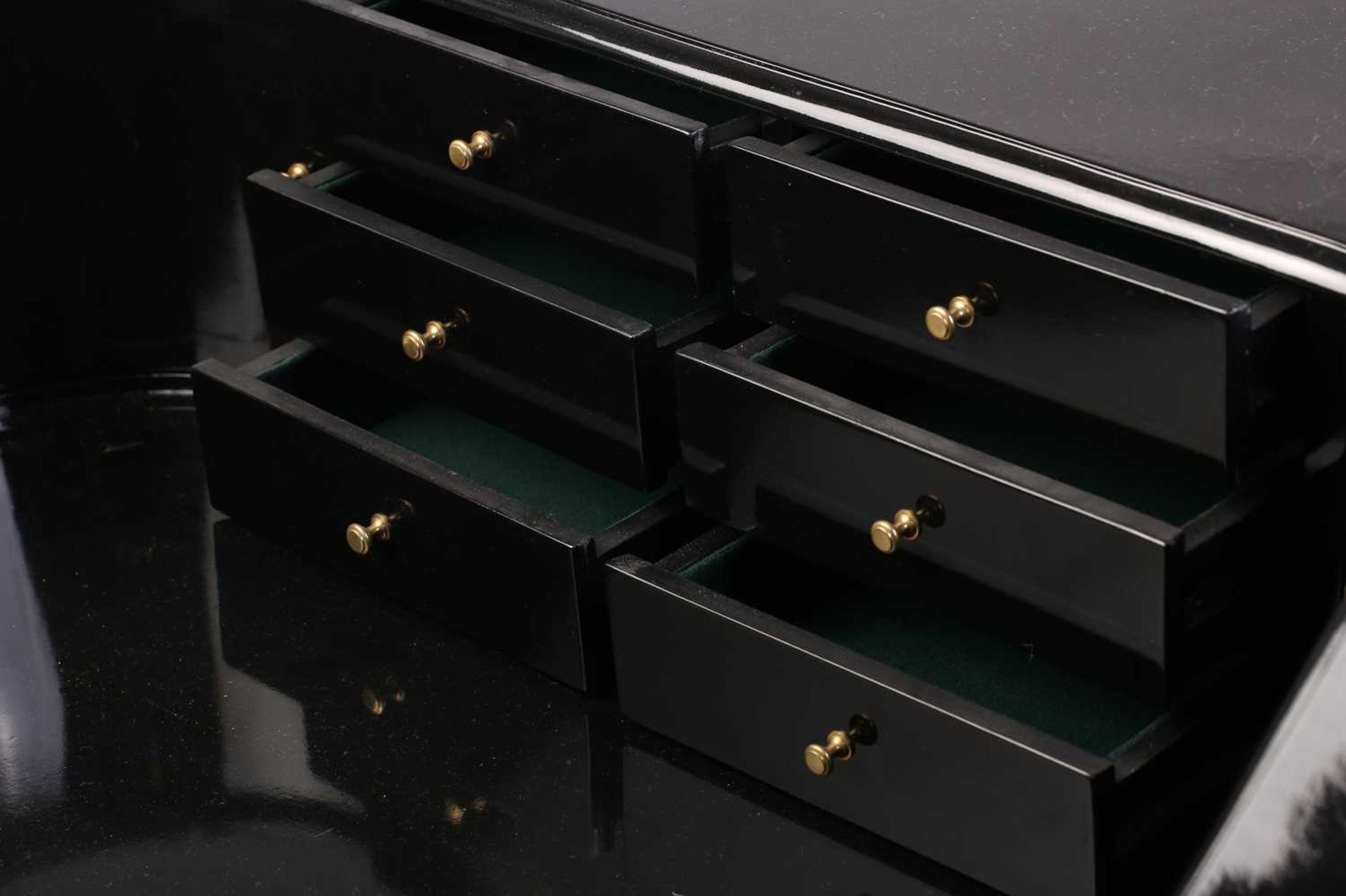 A black lacquered Carlton House-type writing desk, 20th century, fitted with a bank of short drawers - Image 6 of 14