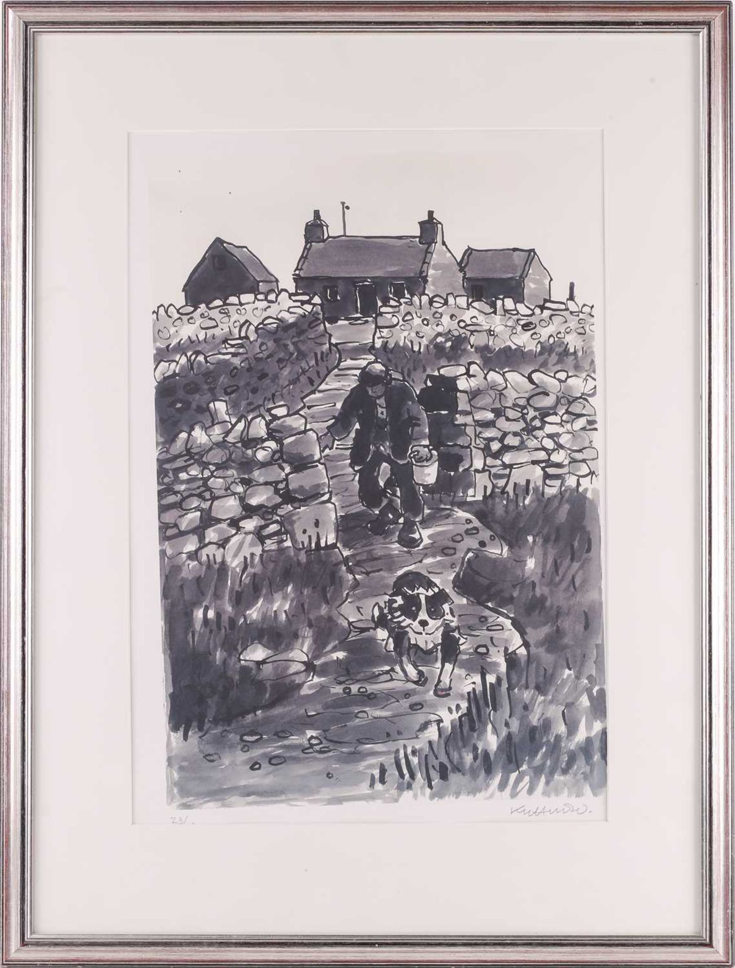 Kyffin Williams (1918-2006), Farmer with Sheep Dog and Bucket at Cilgwyn, signed and numbered 23/ - Image 2 of 8