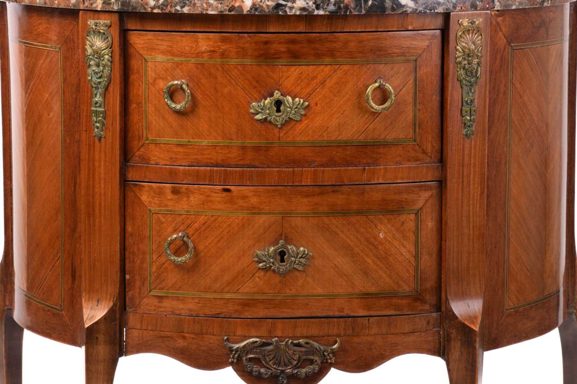 A Louis XV-style marble-topped tulipwood and mahogany demi lune petit commode, early 20th century, - Image 3 of 8