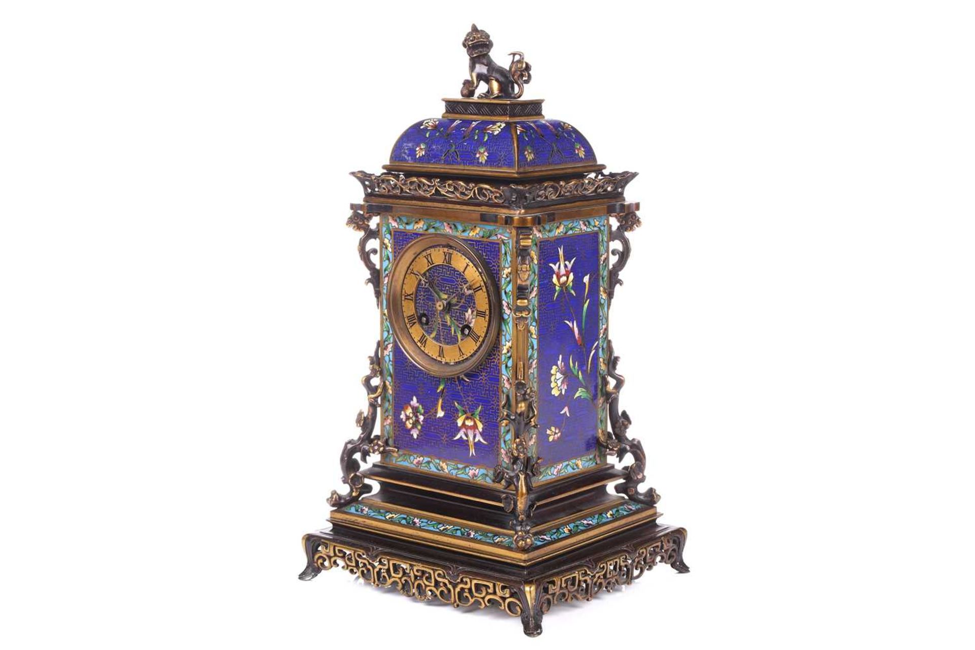 A Japy Freres 8-day cloisonne cased mantle clock of pagoda form with lion dog finial and peony - Image 16 of 25