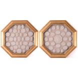 A good collection of Grand Tour style plaster intaglios, contained in two glazed octagonal frames,