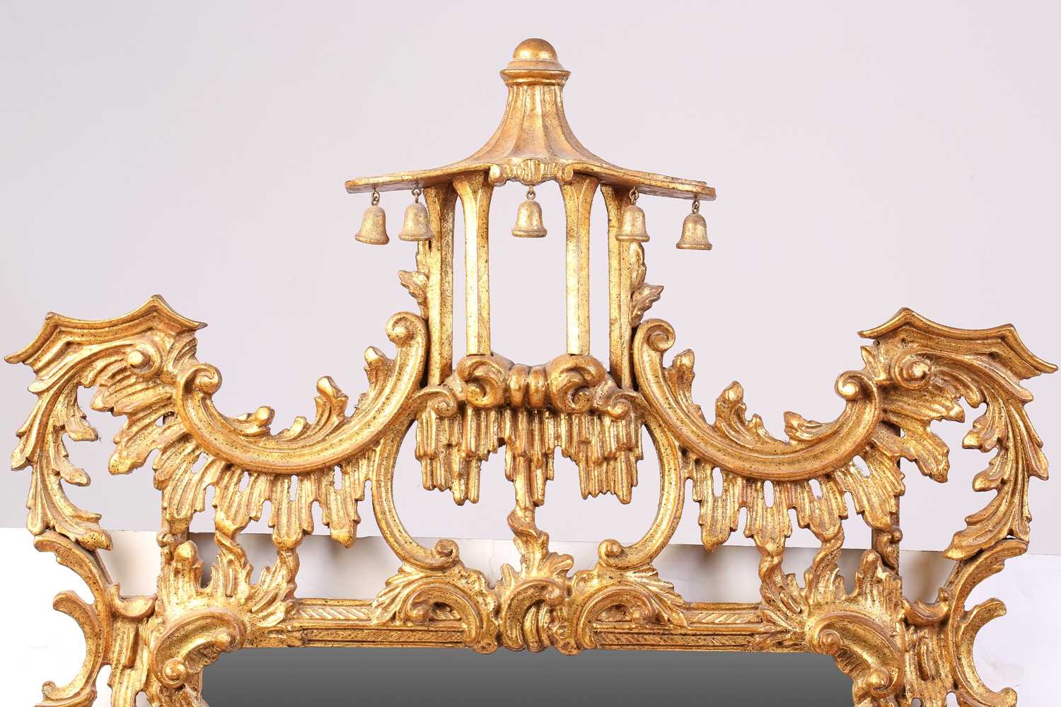 A 'Chinese Chippendale' style carved and giltwood wall mirror, late 20th century, with pagoda - Image 2 of 11