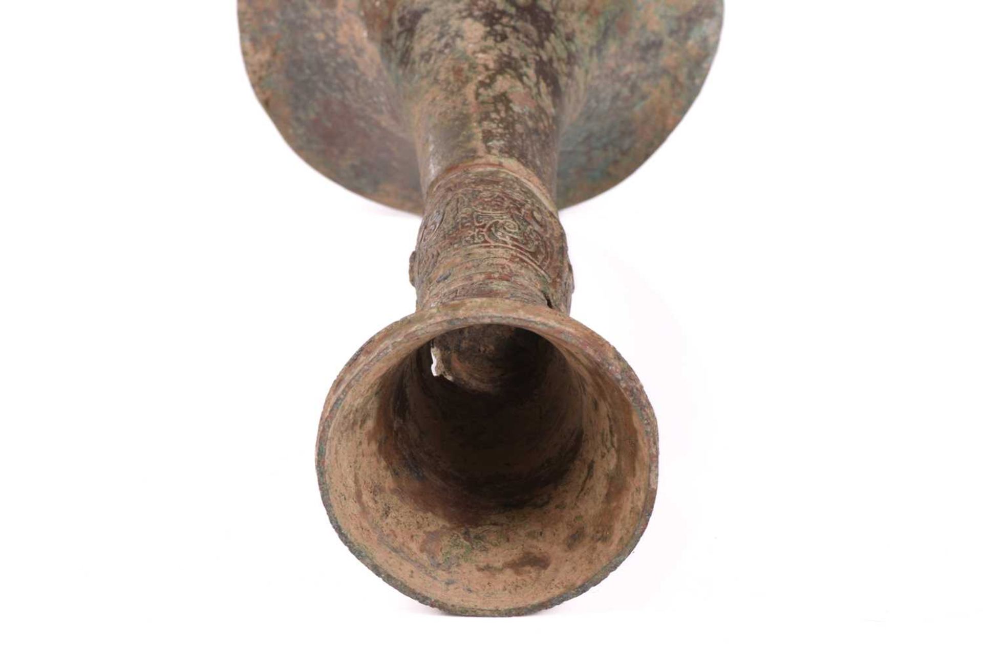 A Chinese Shang style bronze Gu vase, possibly Ming dynasty, with trumpet shape mouth, the lower - Image 9 of 10