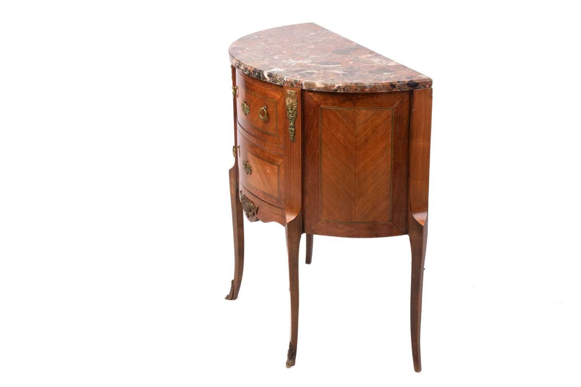 A Louis XV-style marble-topped tulipwood and mahogany demi lune petit commode, early 20th century, - Image 6 of 8