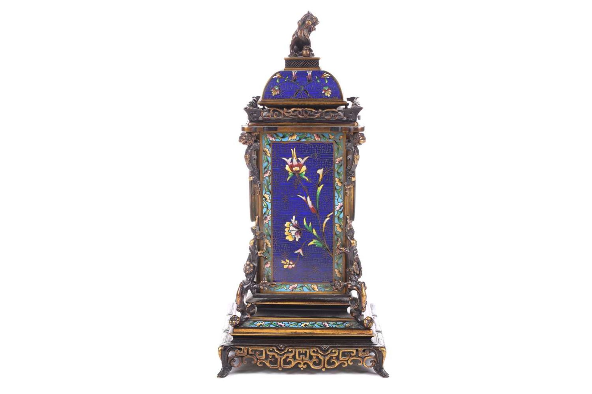 A Japy Freres 8-day cloisonne cased mantle clock of pagoda form with lion dog finial and peony - Image 3 of 25