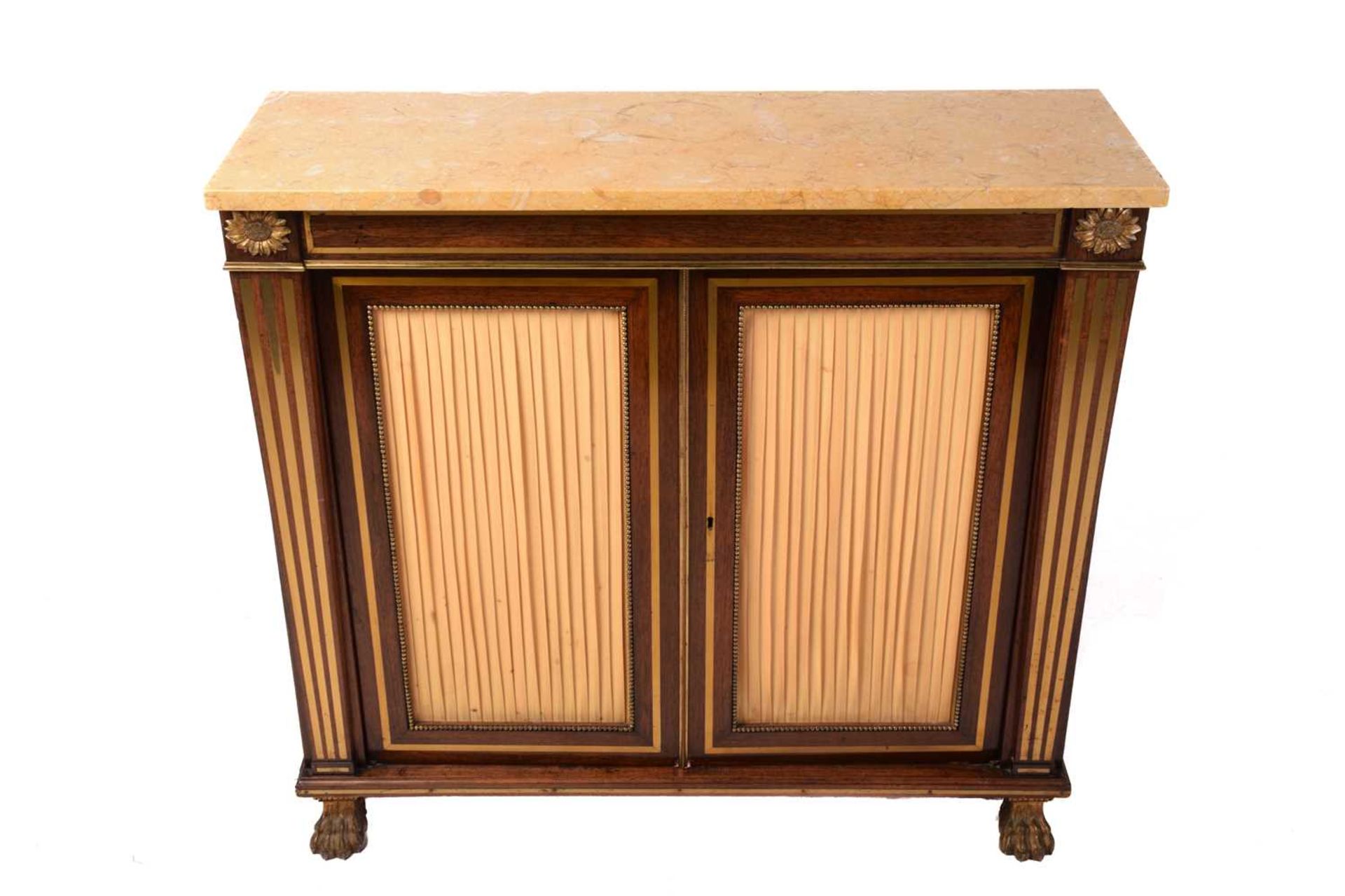 A Regency brass inlaid rosewood chiffonier in the manner of John Maclean, with sienna marble top,