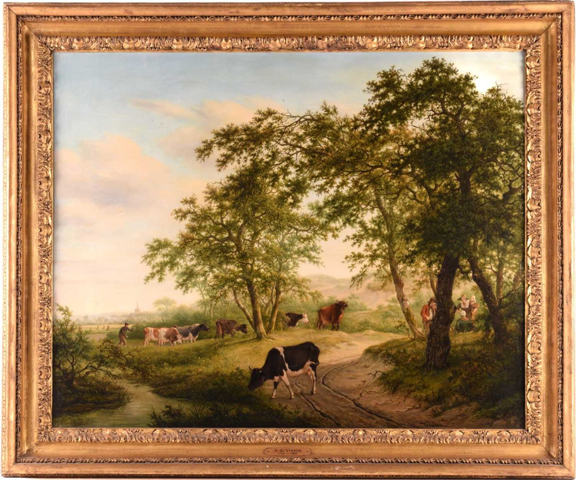 Adrianus de Visser (1762 - 1837), Cattle and figures on a riverside lane, signed and indistinctly