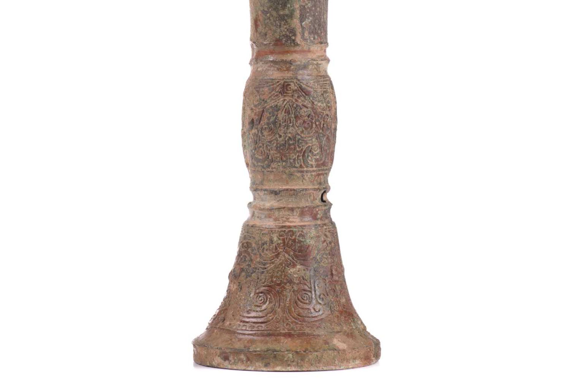 A Chinese Shang style bronze Gu vase, possibly Ming dynasty, with trumpet shape mouth, the lower - Image 8 of 10
