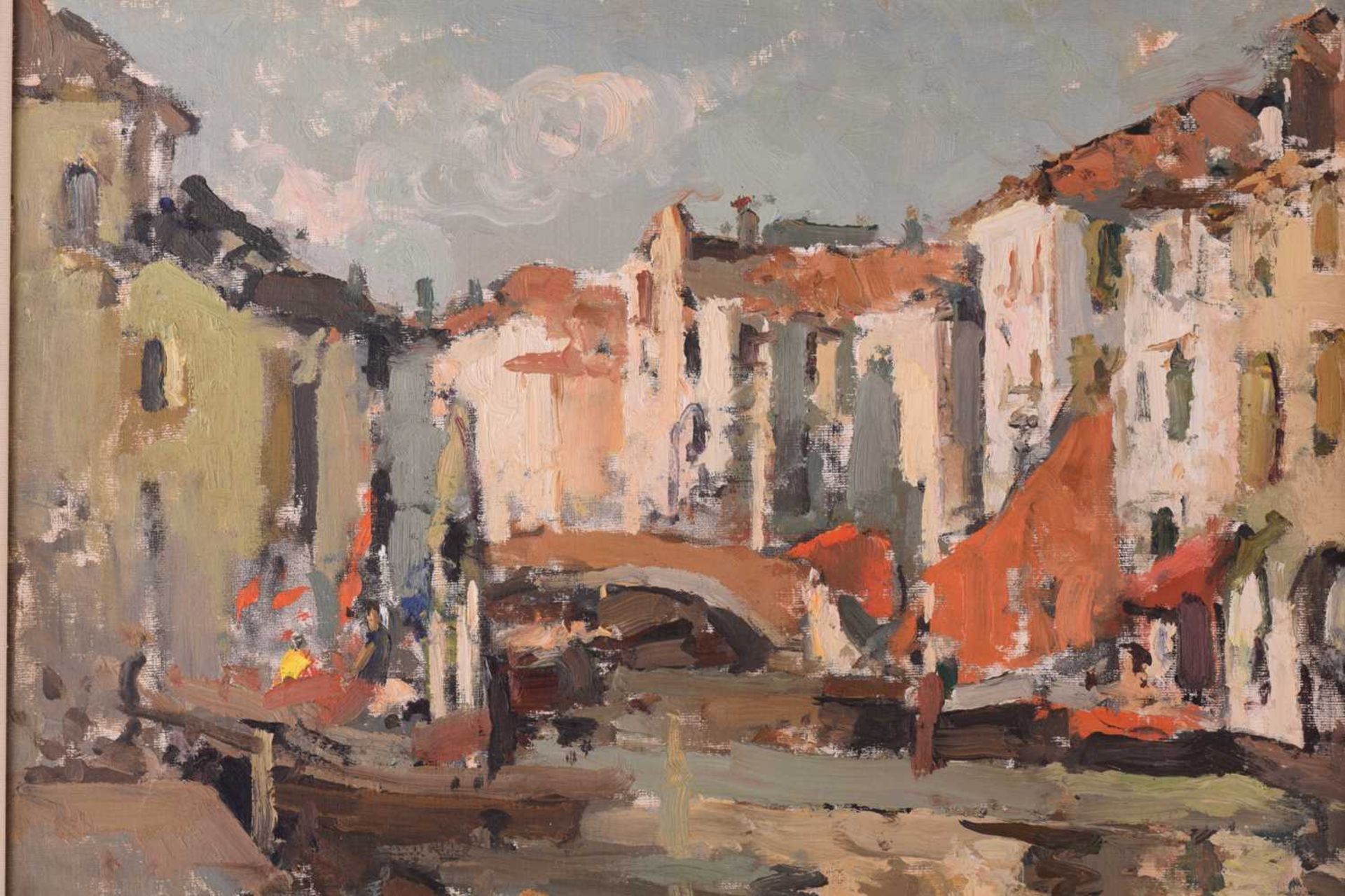 Late 20th century, Bridge over a canal at Comacchio, unsigned, Oil on board, inscribed 'Commachio II - Image 4 of 7