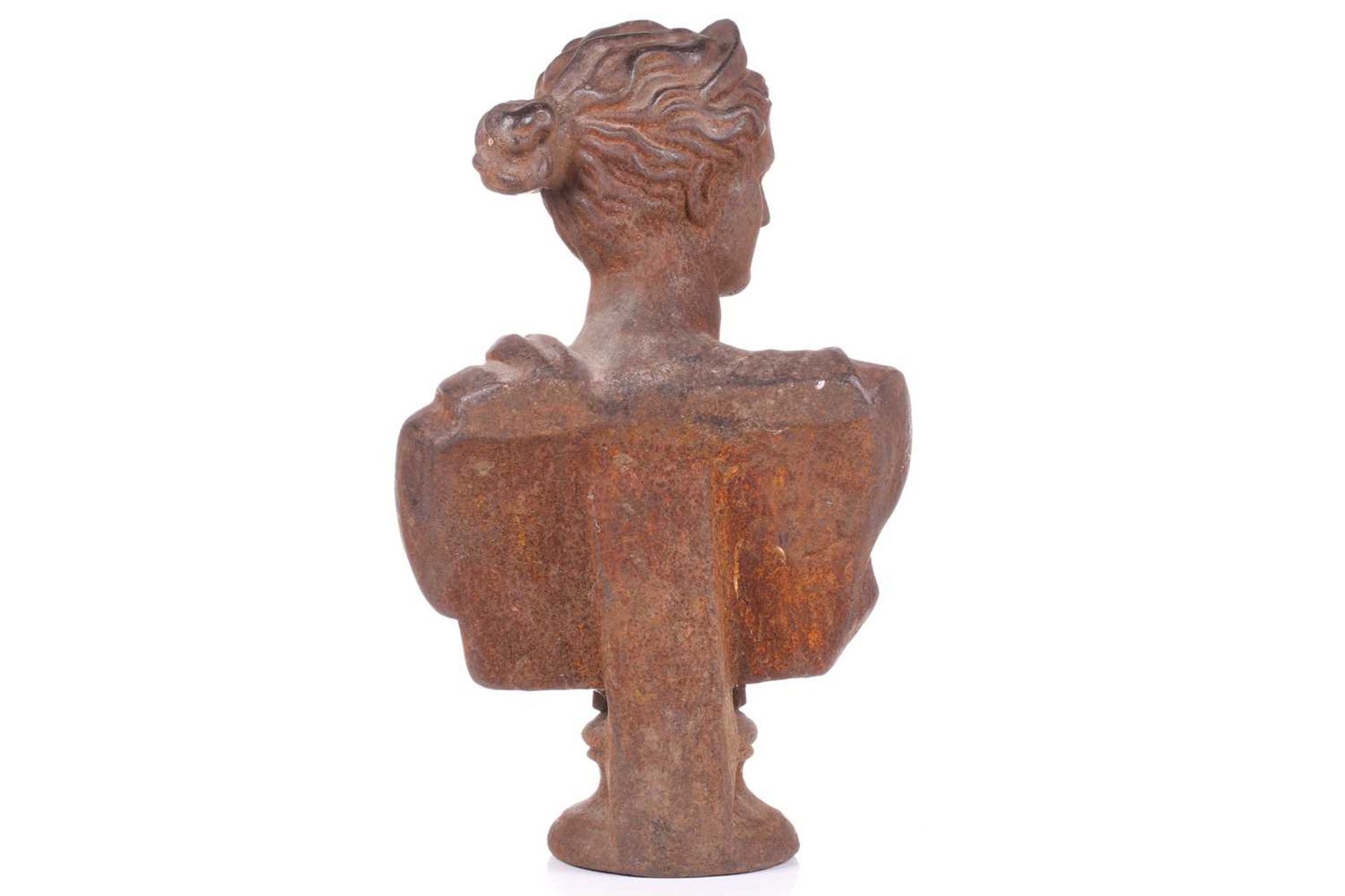 A classical cast iron bust study of Diana the Huntress on a concave moulded socle. 52 cm high. - Image 4 of 5