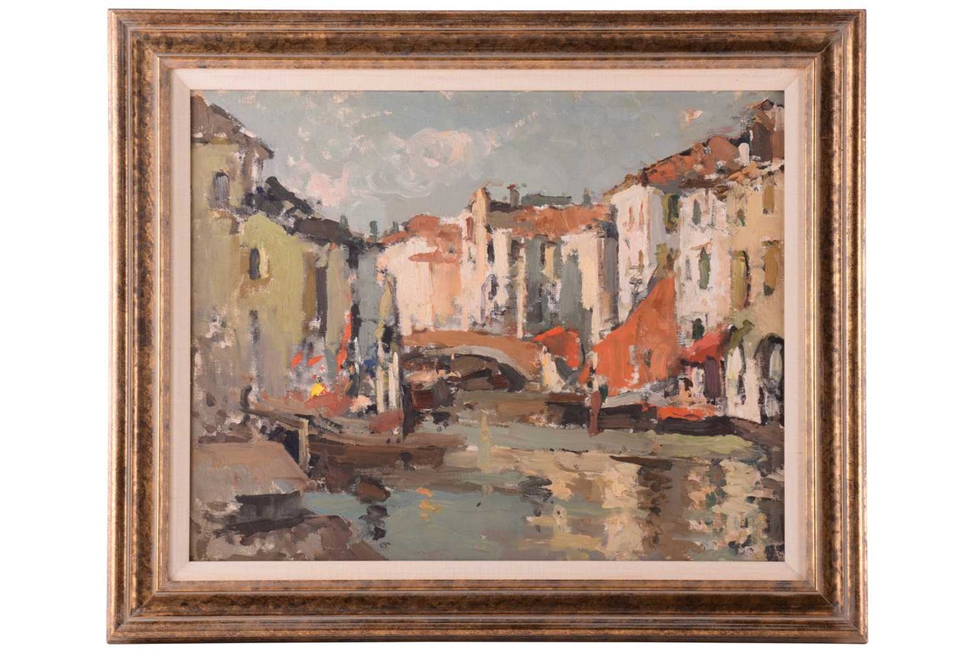 Late 20th century, Bridge over a canal at Comacchio, unsigned, Oil on board, inscribed 'Commachio II