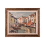 Late 20th century, Bridge over a canal at Comacchio, unsigned, Oil on board, inscribed 'Commachio II