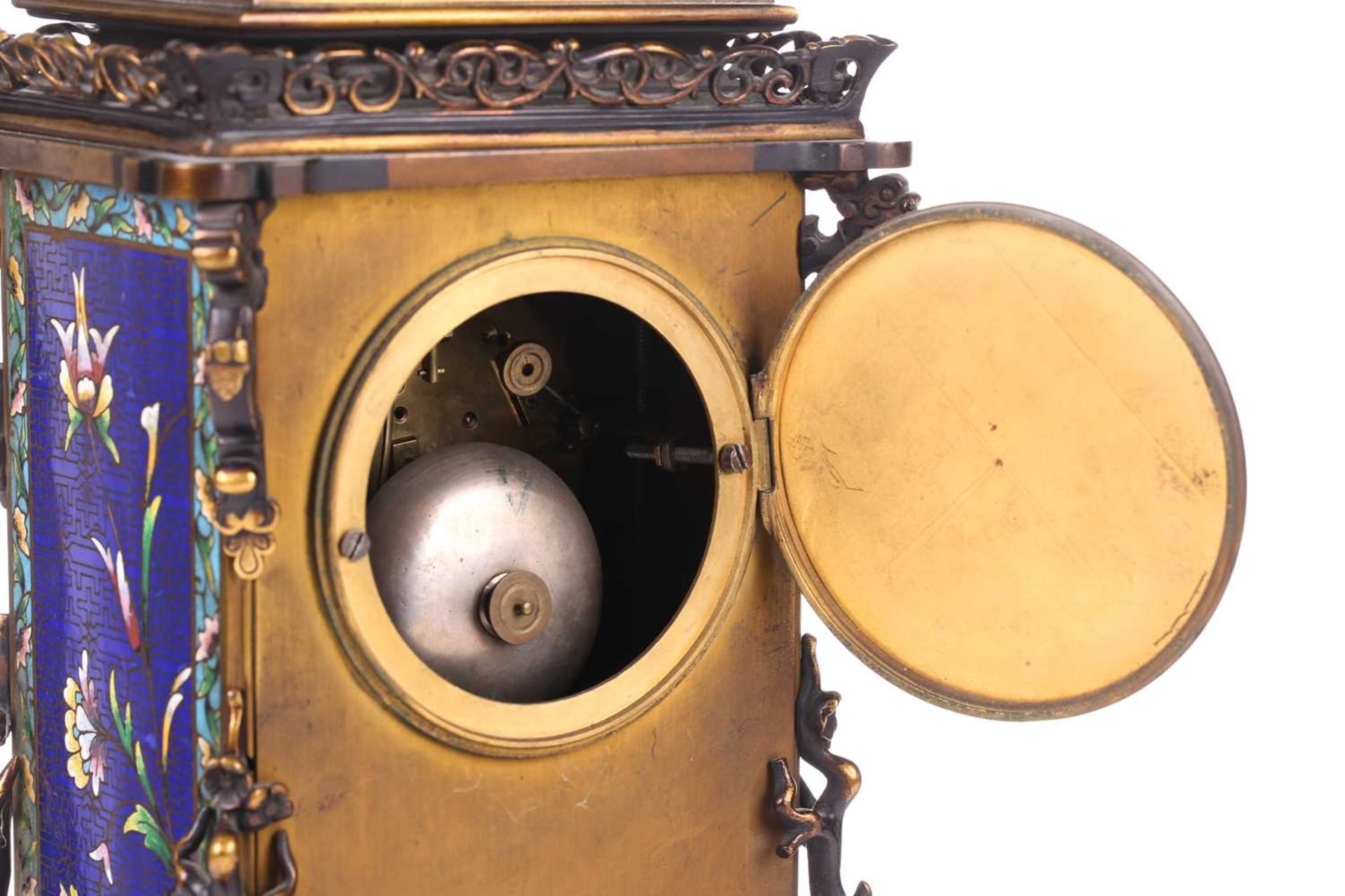 A Japy Freres 8-day cloisonne cased mantle clock of pagoda form with lion dog finial and peony - Image 8 of 25