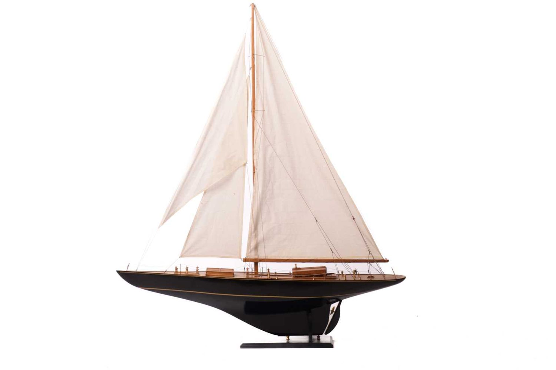 A painted and stained wood model of the yacht 'Endeavour', with fabric sales and rigging on a titled - Image 5 of 16