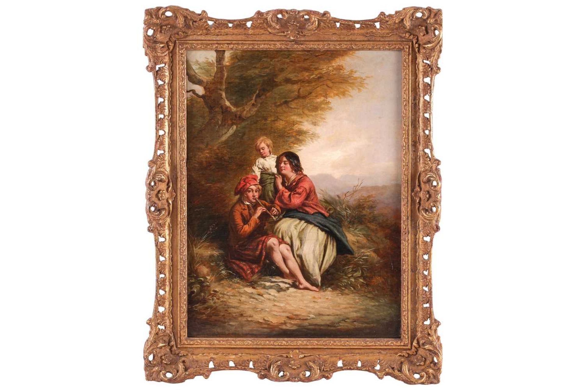 19th Century British School, Highland family seated below a tree, unsigned, oil on canvas, 40.5 x