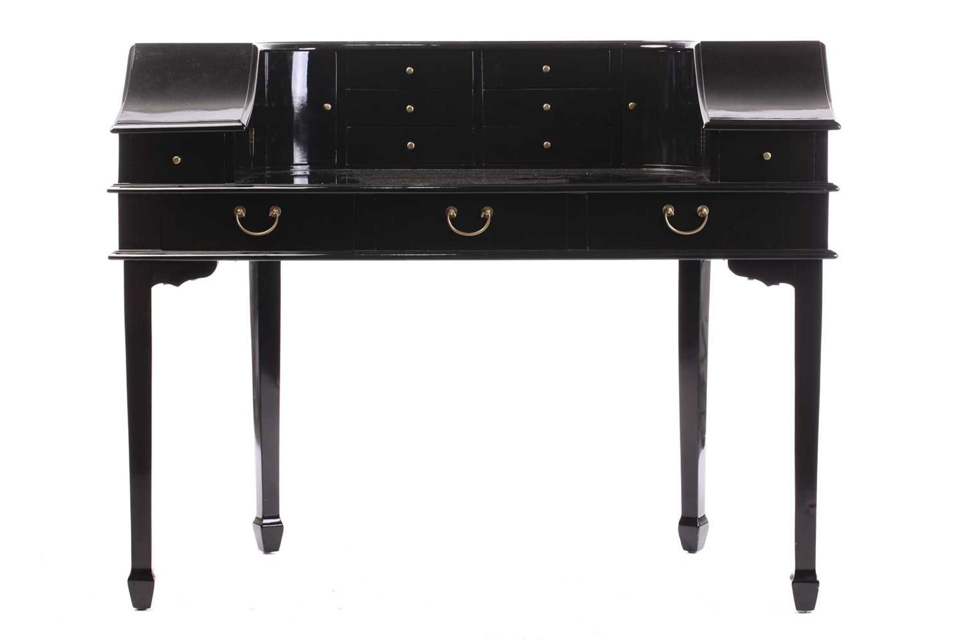 A black lacquered Carlton House-type writing desk, 20th century, fitted with a bank of short drawers - Image 14 of 14
