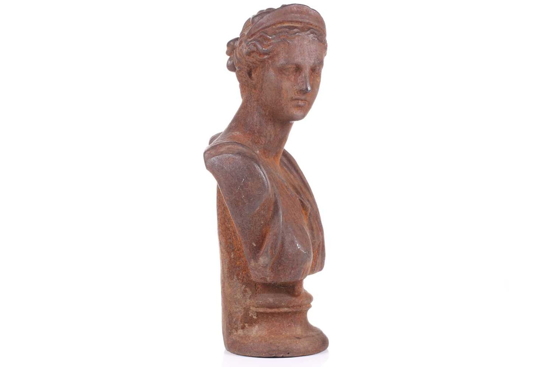 A classical cast iron bust study of Diana the Huntress on a concave moulded socle. 52 cm high. - Image 2 of 5