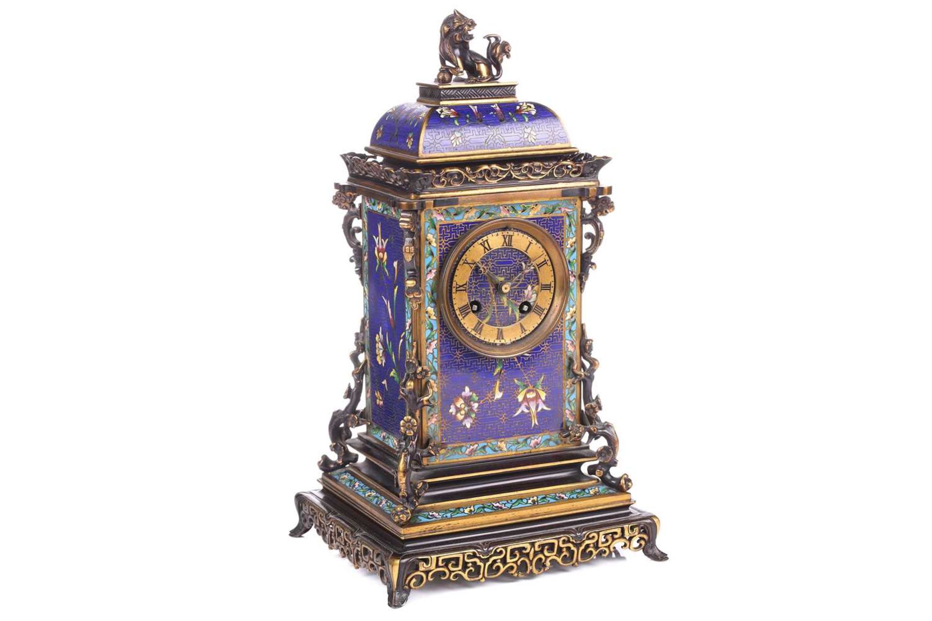 A Japy Freres 8-day cloisonne cased mantle clock of pagoda form with lion dog finial and peony - Image 5 of 25