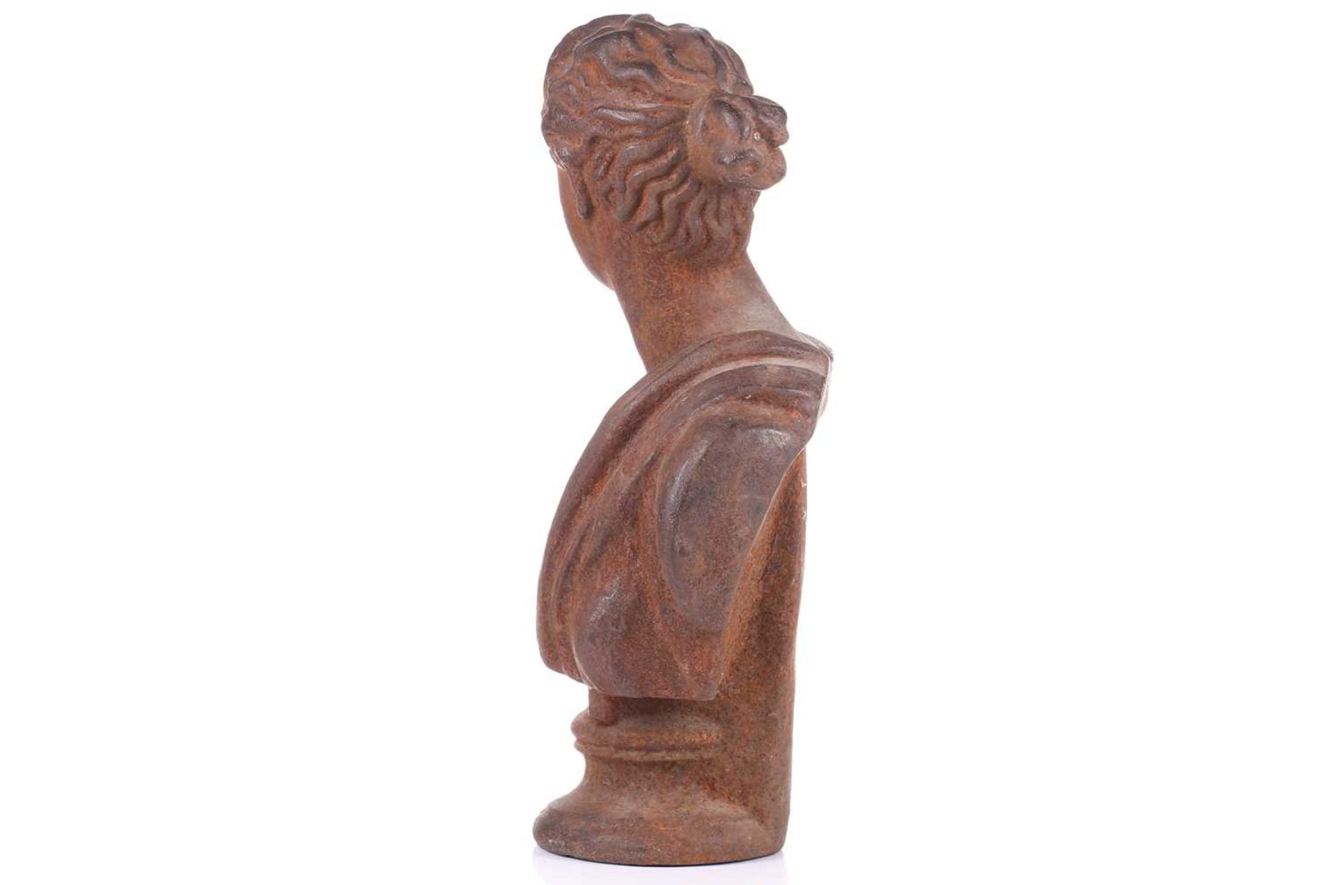 A classical cast iron bust study of Diana the Huntress on a concave moulded socle. 52 cm high. - Image 3 of 5