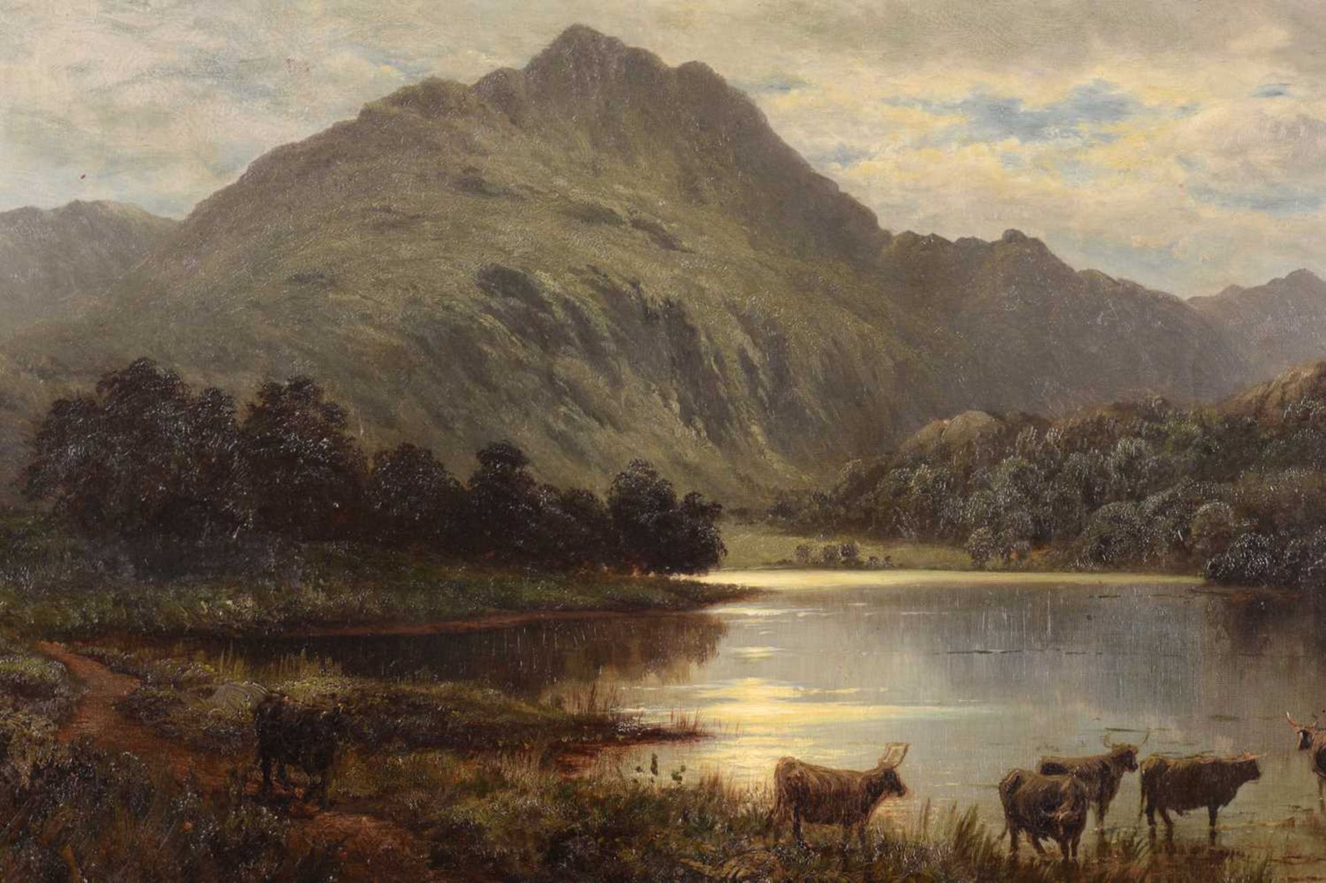 J O Hume (19th century), Highland cattle by a loch in a moonlit landscape, inscribed verso 'Ben - Image 4 of 13