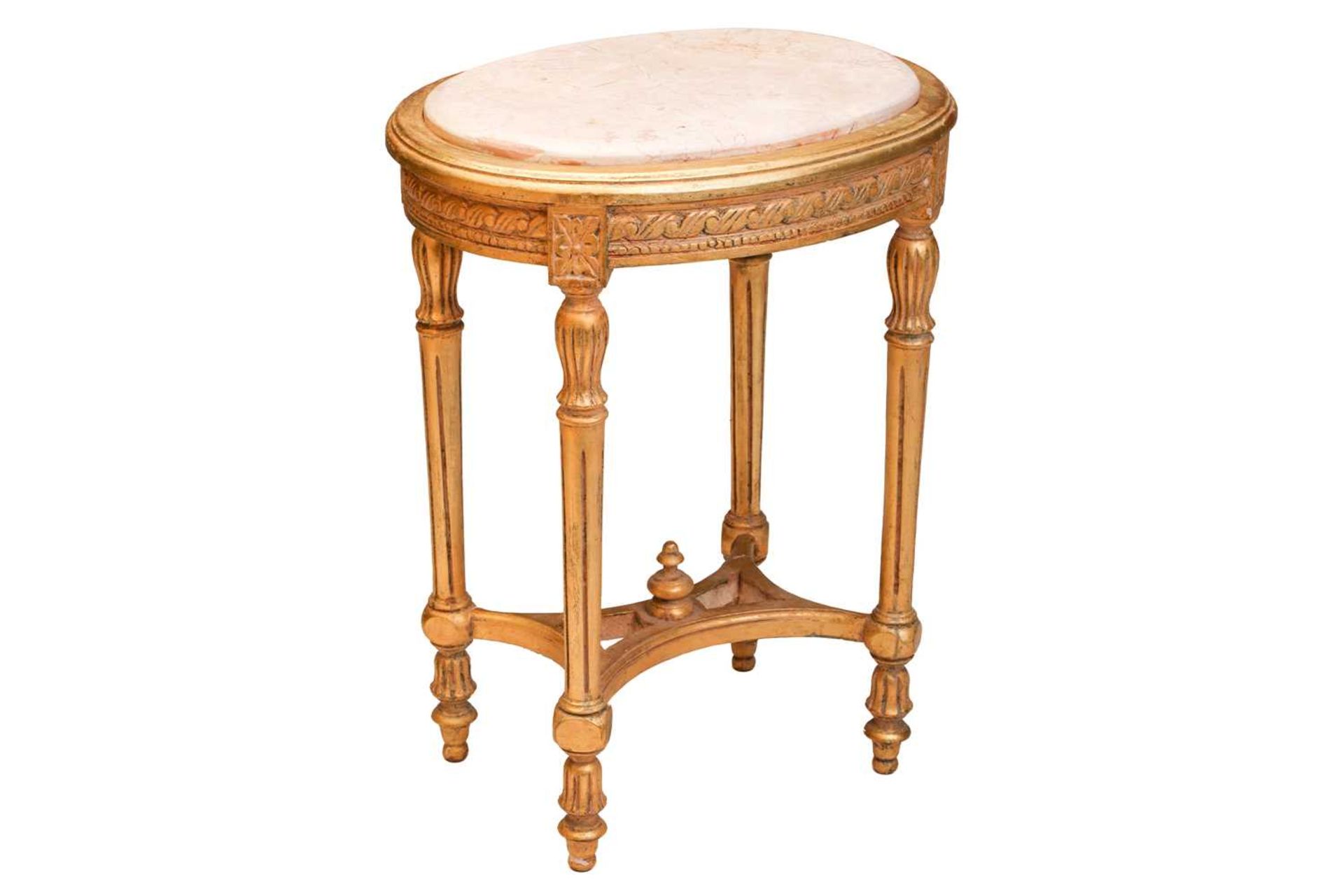 A Louis XVI style marble-topped oval giltwood table, 20th century with turned supports and shaped - Image 4 of 10