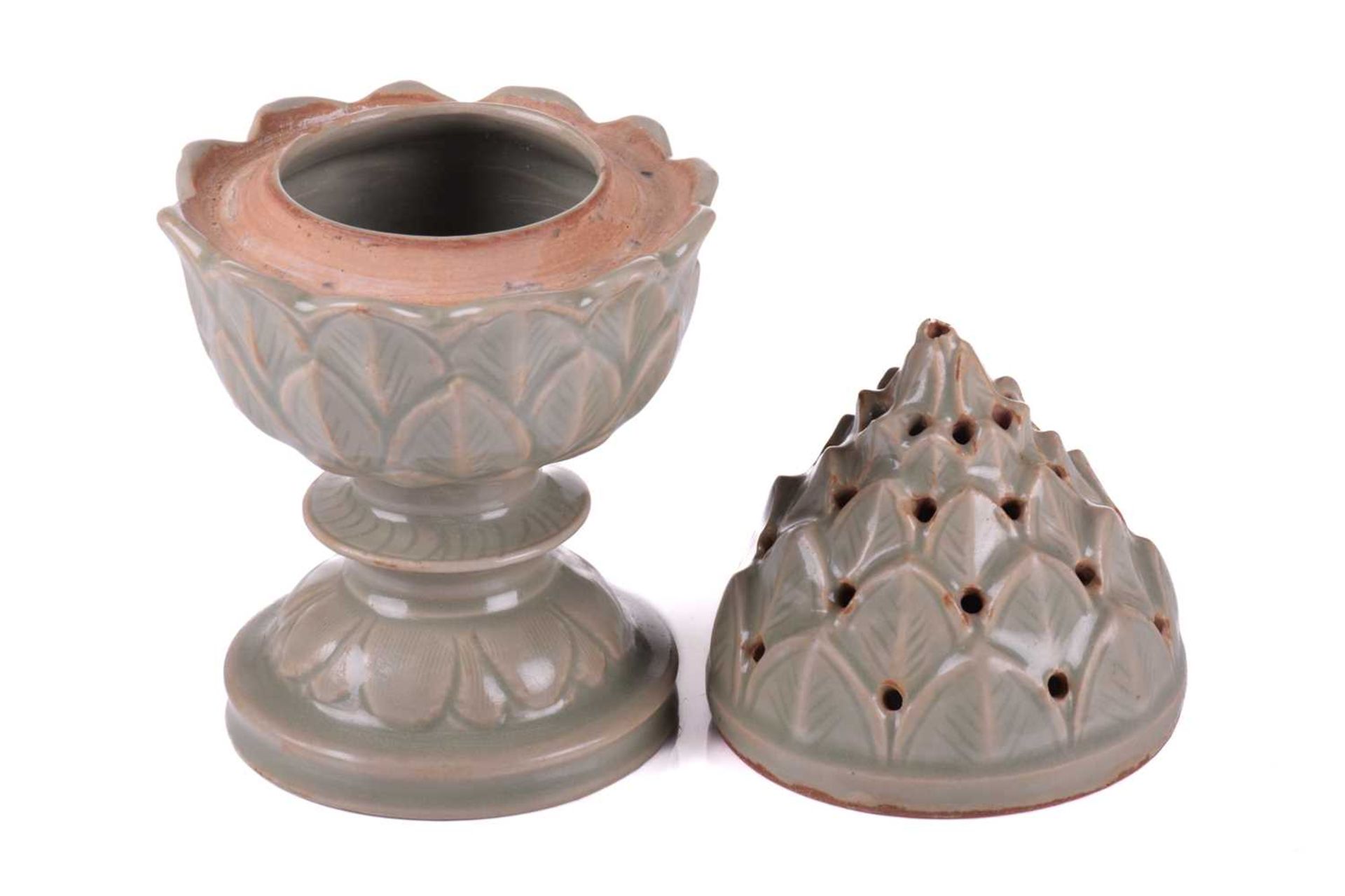 A celadon Artichoke censer, possibly Korean, the cover pierced between each leaf, the base with - Image 3 of 14