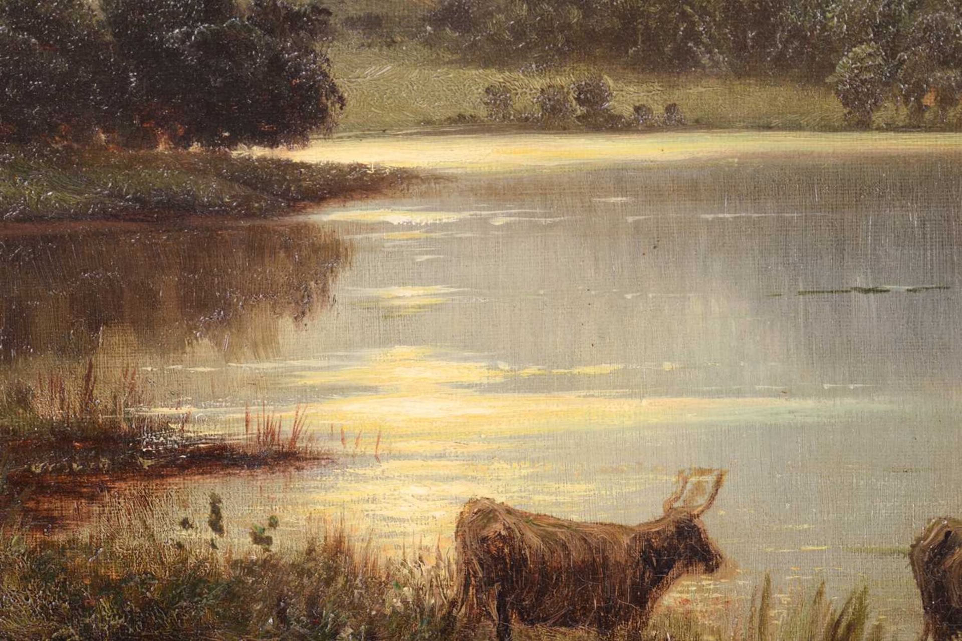 J O Hume (19th century), Highland cattle by a loch in a moonlit landscape, inscribed verso 'Ben - Image 5 of 13