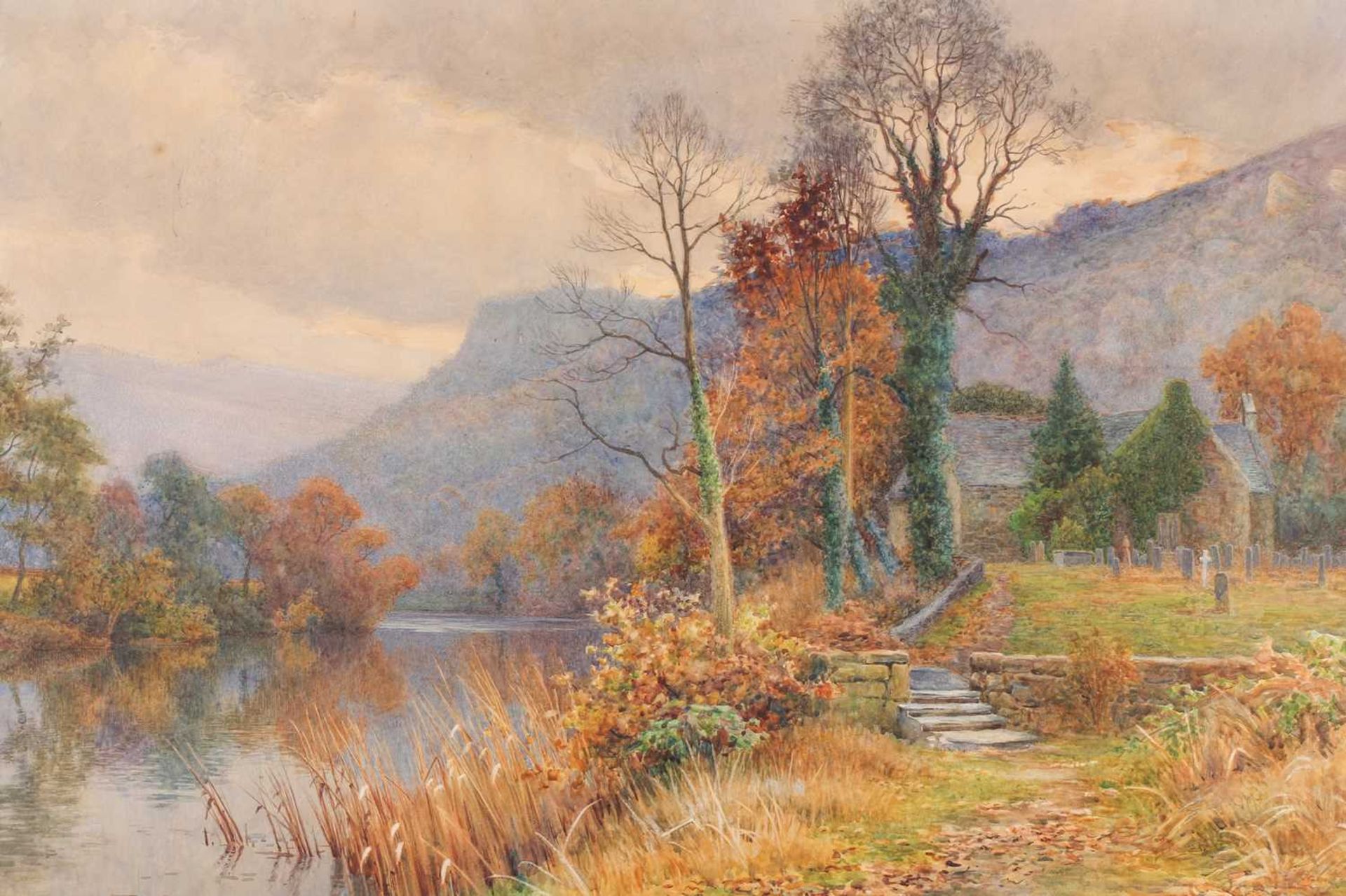 Walter Follen Bishop (1856 - 1936), Welsh riverside Chapel in a landscape, possibly upper reaches of - Image 2 of 17